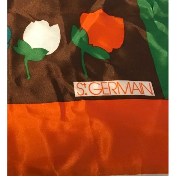St Germain Silk Scarf  Floral Print Tulips Brown Orange Green White Square 28" - Picture 5 of 8